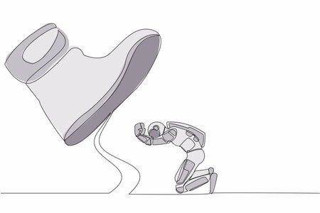 Single continuous line drawing young astronaut kneel down under giant feet. Concept for science authority, exploitation, dictator figure. Cosmonaut deep space. One line draw design vector illustrationのイラスト素材