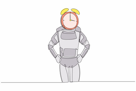 Continuous one line drawing of young astronaut with alarm clock instead of head. Spaceman stress in spaceship exploration project. Cosmonaut outer space. Single line graphic design vector illustrationのイラスト素材