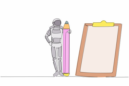 Single continuous line drawing of young astronaut holding big pencil and looking clipboard in moon surface. Expedition document. Cosmonaut deep space. One line draw graphic design vector illustrationのイラスト素材