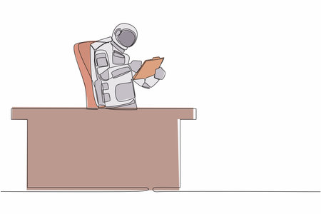 Single one line drawing of young astronaut sitting on chair near office desk and showing clipboard in moon surface. Cosmic galaxy space concept. Continuous line draw graphic design vector illustrationのイラスト素材