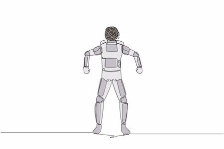 Single one line drawing of astronaut with round scribble instead of head. Angry spaceman. Emotional in rage. Feeling anger. Cosmic galaxy space. Continuous line draw graphic design vector illustrationのイラスト素材