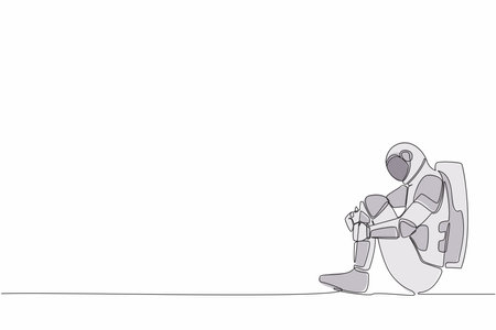 Single one line drawing of astronaut suffer sadness melancholy sitting in despair on the floor. Failed in spaceship exploration. Cosmic galaxy space. Continuous line graphic design vector illustrationのイラスト素材