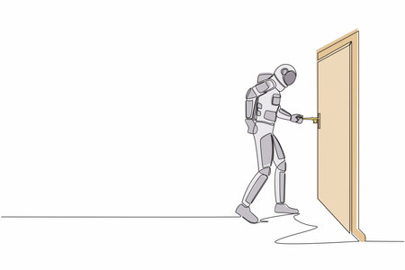Single one line drawing astronaut insert key into keyhole which is on the door. Spaceman open office room door in moon surface. Cosmic galaxy space. Continuous line graphic design vector illustrationのイラスト素材