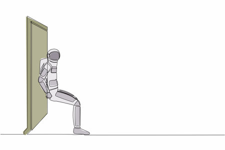 Continuous one line drawing of young astronaut pushing door with his back. Spaceman overcoming obstacles in spaceship expedition. Cosmonaut outer space. Single line graphic design vector illustrationのイラスト素材