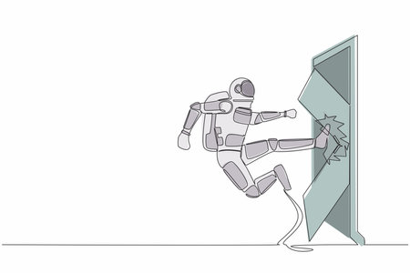 Single continuous line drawing of young astronaut kicks the door with flying kick until door shattered. Spaceman kicking locked door. Cosmonaut deep space. One line graphic design vector illustrationのイラスト素材