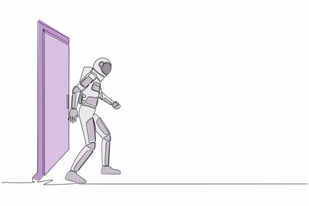 Single continuous line drawing of young astronaut walking and leaving closed door in moon surface. New space interstellar expedition. Cosmonaut deep space. One line graphic design vector illustrationのイラスト素材