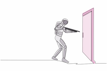 Single one line drawing of young astronaut pointing shotgun at doorknob. Space business breakthrough struggle. Power to succeed. Cosmic galaxy space. Continuous line graphic design vector illustrationのイラスト素材