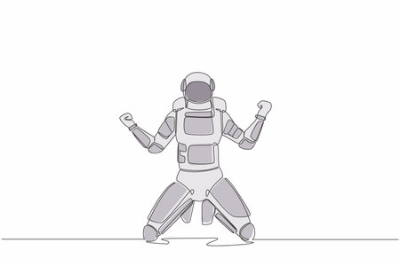 Continuous one line drawing happy astronaut kneeling with both hands yes gesture, celebrating success in orbital adventure. Cosmonaut outer space. Single line draw graphic design vector illustrationのイラスト素材