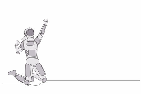 Single one line drawing young astronaut kneeling with raised one hand high and raised other. Happy with spaceship exploration. Cosmic galaxy space. Continuous line graphic design vector illustrationのイラスト素材