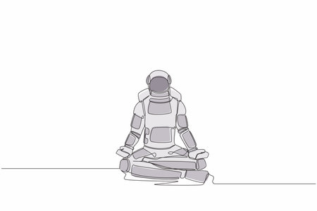 Single continuous line drawing happy astronaut sitting with yoga pose, meditation. Relaxed spaceman after galactic exploration. Cosmonaut deep space. One line draw graphic design vector illustrationのイラスト素材
