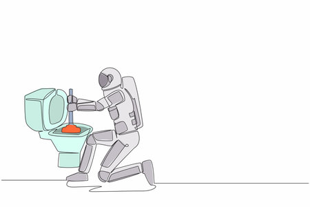 Single continuous line drawing young astronaut fix plumbing toilet leakage or clogging in moon surface. Plumber repair household tool. Cosmonaut deep space. One line graphic design vector illustrationのイラスト素材