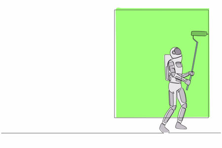 Single one line drawing astronaut painter decorator at work. Future house decoration. Preparation home reparation on moon surface. Cosmic galaxy space. Continuous line draw design vector illustrationのイラスト素材