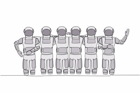 Single one line drawing group of astronaut are hugging. Happy friendship day with diverse friends of spaceman hugging together. Cosmic galaxy space. Continuous line graphic design vector illustrationのイラスト素材