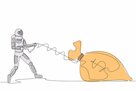 Single continuous line drawing of astronaut struggling to pull heavy money bag in moon surface. Need lot of money to launch rocket spaceship. Cosmonaut deep space. One line design vector illustrationのイラスト素材