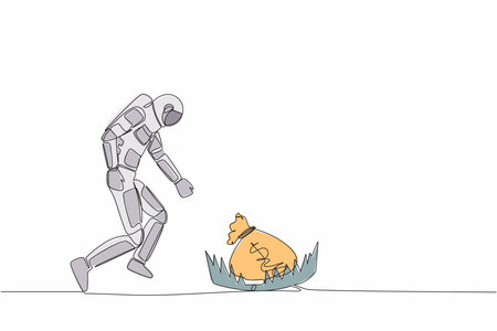 Single continuous line drawing astronaut running to catch money bag from steel bear trap. Challenge to funding spaceship company. Cosmonaut deep space. One line draw graphic design vector illustrationのイラスト素材