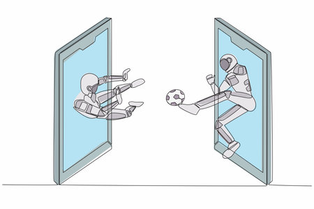 Single one line drawing astronaut football player kicking ball, goalkeeper saving goal on smartphone screen. Online football games. Cosmic galaxy space. Continuous line draw design vector illustrationのイラスト素材