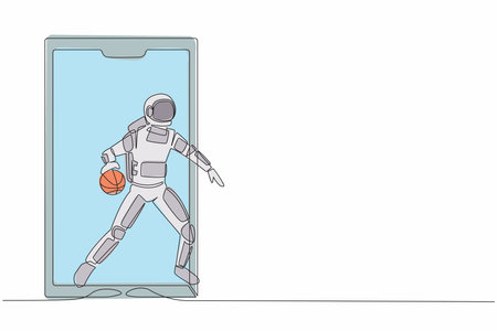 Continuous one line drawing astronaut basketball player running and dribbling with ball out of smartphone screen. Online basketball. Cosmonaut outer space. Single line draw design vector illustrationのイラスト素材