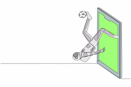 Single continuous line drawing astronaut football player kicks some overhead ball out of smartphone screen. Mobile sports play match. Cosmonaut deep space. One line graphic design vector illustrationのイラスト素材