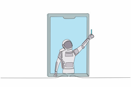 Continuous one line drawing of astronaut soccer referee showing yellow card out of smartphone screen. Smartphone with app soccer football. Cosmonaut outer space. Single line design vector illustrationのイラスト素材