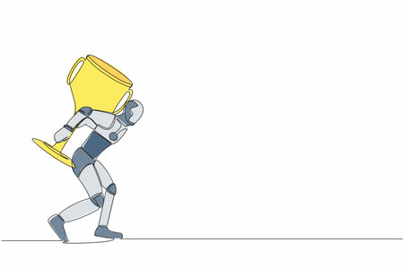 Single continuous line drawing robot carrying huge golden trophy on back. Heavy burden of tech business. Robotic artificial intelligence. Technology industry. One line draw design vector illustrationのイラスト素材