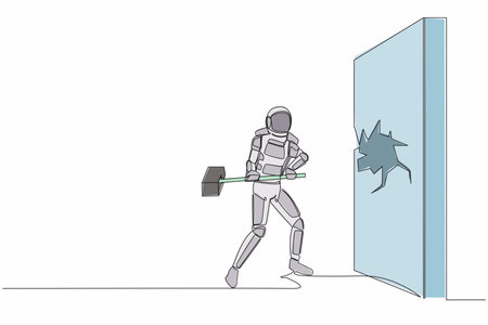 Continuous one line drawing astronaut breaks and hitting wall with hammer. Achievement way for success space expedition project. Cosmonaut outer space. Single line graphic design vector illustrationのイラスト素材