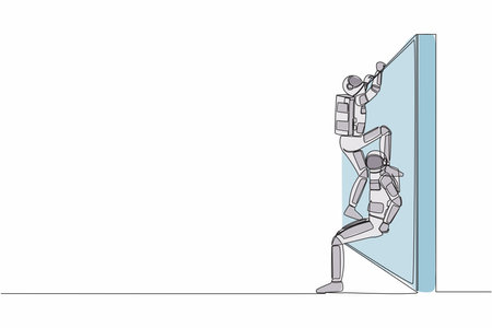 Single one line drawing young astronaut helping another spaceman climb wall in moon surface. Teamwork in space expedition. Cosmic galaxy space. Continuous line draw graphic design vector illustrationのイラスト素材