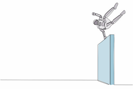 Single continuous line drawing young astronaut jumps over wall avoid comfort zone in moon surface. Future technology development. Cosmonaut deep space. One line draw graphic design vector illustrationのイラスト素材