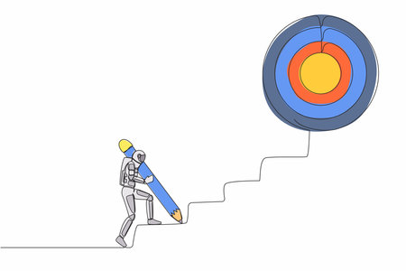 Single continuous line drawing astronaut use huge pencil to draw rising up stairs. Strategy reach space company target. Spaceman career path. Cosmonaut deep space. One line design vector illustrationのイラスト素材