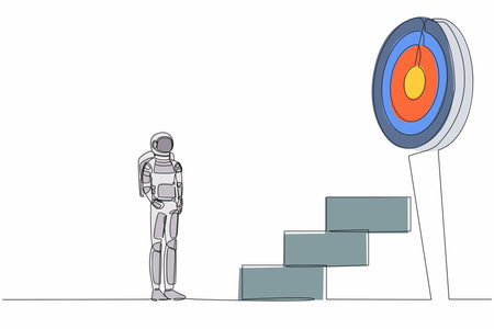 Single one line drawing astronaut standing in front of stairway to high target. Spacecraft business industry growth and path to success. Cosmic galaxy space. Continuous line design vector illustrationのイラスト素材