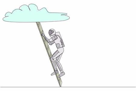Single one line drawing young astronaut climbing up ladder to cloud. Spaceman career path growth in space industry. Cosmic galaxy space concept. Continuous line draw graphic design vector illustrationのイラスト素材