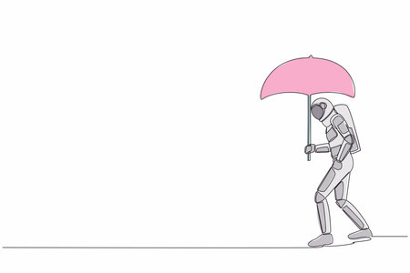 Single one line drawing young astronaut walking with umbrella under rain cloud. Failed in spacecraft exploration project. Cosmic galaxy space. Continuous line draw graphic design vector illustrationのイラスト素材
