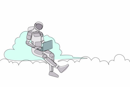 Continuous one line drawing astronaut sitting on cloud in sky and working with laptop. Wireless internet connection in space control. Cosmonaut outer space. Single line draw design vector illustrationのイラスト素材