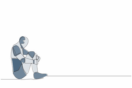 Single continuous line drawing depressed robot suffer emotion sadness melancholy sitting in despair on the floor. Artificial intelligence and machine learning. One line draw design vector illustrationのイラスト素材