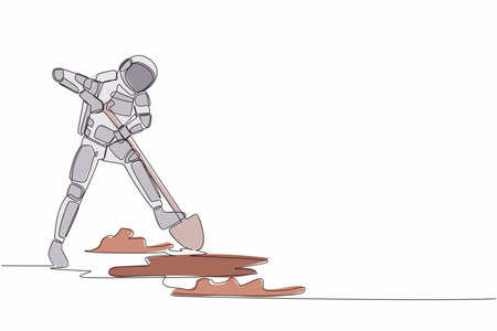 Single one line drawing young astronaut digging ground with spade in moon surface. Hard working process in spaceship expedition. Cosmic galaxy space. Continuous line graphic design vector illustrationのイラスト素材