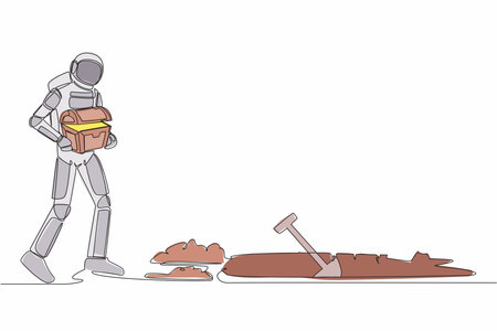 Single one line drawing young astronaut hold treasure chest in moon ground. Spaceman walking to digging hole with treasure box. Cosmic galaxy space. Continuous line graphic design vector illustrationのイラスト素材