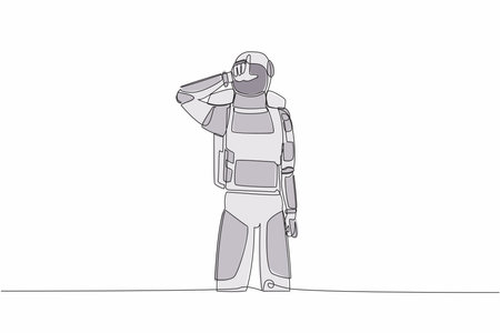 Continuous one line drawing of young astronaut standing with making 'L' symbol, showing loser sign on forehead with fingers. Cosmonaut outer space. Single line draw graphic design vector illustrationのイラスト素材