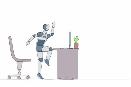 Single continuous line happy robot jumping and dancing on his workplace, computer desk. Celebrating success. Artificial intelligence machine learning process. One line draw design vector illustrationのイラスト素材