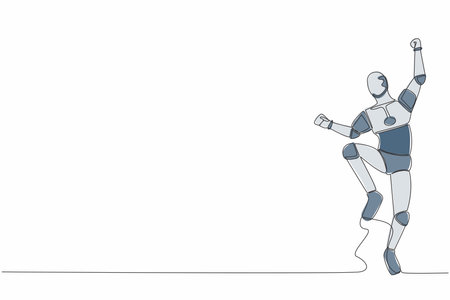 Single one line drawing happy robot jump with folds one leg and raises one hand. Winning business project. Artificial intelligence. Technology industry. Continuous line draw design vector illustrationのイラスト素材
