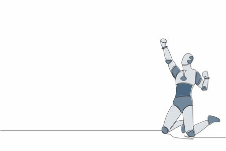 Continuous one line drawing happy robot kneeling with raised one hand high and raised other. Humanoid cybernetic organism. Future robot development. Single line draw graphic design vector illustrationのイラスト素材