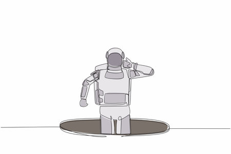 Single one line drawing confused young astronaut emerges from the hole. Depressed and spaceship business failure concept. Cosmic galaxy space. Continuous line draw graphic design vector illustrationのイラスト素材