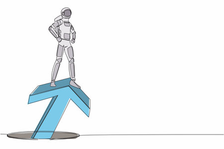 Continuous one line drawing astronaut standing on big arrow coming out of holes. Spaceman lead financial graph rising from hole. Cosmonaut outer space. Single line graphic design vector illustrationのイラスト素材