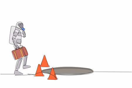 Single continuous line drawing astronaut talking on smartphone and he does not see the hole in front. Spaceman walks to space business trap. Cosmonaut deep space. One line design vector illustrationのイラスト素材