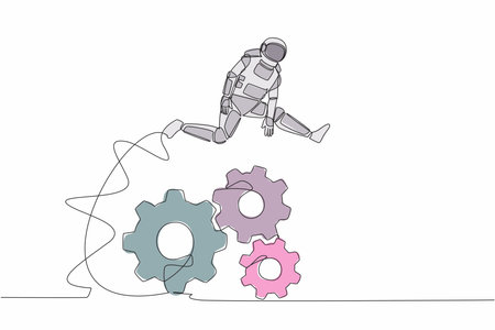 Single one line drawing astronaut jumping over big gears. Developing spaceship innovation. Operation expedition management. Cosmic galaxy space. Continuous line draw graphic design vector illustrationのイラスト素材