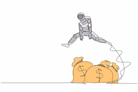 Continuous one line drawing astronaut jumping over money bag. Loan capital funding for space company, money help in crisis. Cosmonaut outer space. Single line draw graphic design vector illustrationのイラスト素材