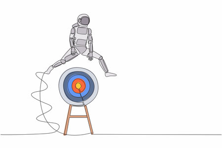Single continuous line drawing young astronaut jumping on big archery bullseye target. Achievement and goals in spaceship expedition. Cosmonaut deep space. One line graphic design vector illustrationのイラスト素材