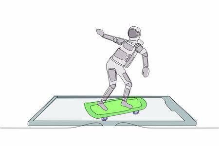 Continuous one line drawing young astronaut riding skateboard on smartphone screen. Stylish male skater in spacesuit outfit. Cosmonaut outer space. Single line draw graphic design vector illustrationのイラスト素材