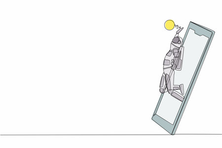 Single continuous line drawing of young astronaut volleyball athlete player in action jumping spike getting out of smartphone screen. Cosmonaut deep space. One line graphic design vector illustrationのイラスト素材