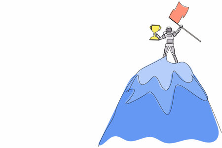 Single one line drawing astronaut lifting up trophy and flag on top of mountain. Win and reach goal in spaceship industry. Cosmic galaxy space. Continuous line draw graphic design vector illustrationのイラスト素材