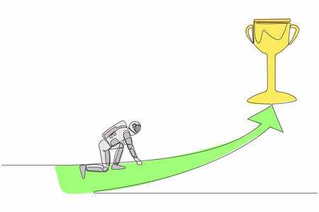 Continuous one line drawing young astronaut get ready to sprint run and get trophy. Planning in spaceship galactic journey. Cosmonaut outer space. Single line draw graphic design vector illustrationのイラスト素材