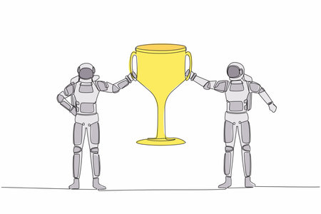 Single continuous line drawing two astronaut holding trophy together. Winner teamwork celebrating spaceship championship victory. Cosmonaut deep space. One line draw graphic design vector illustrationのイラスト素材